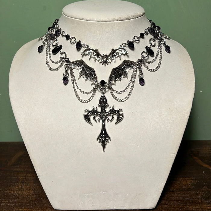 Wholesale Dark Heavy Industry Gothic Cross Necklace Vampire Bat Halloween Necklace