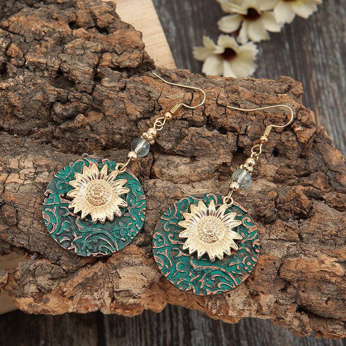 Wholesale New retro color separated double-layer sunflower pattern earrings, retro fashion earrings