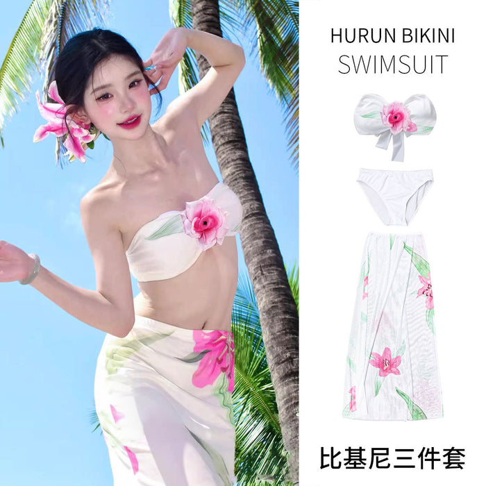 Wholesale Vacation style swimsuit set, three-dimensional flower strapless bikini three piece set