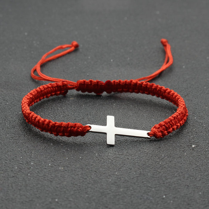 Wholesale Simple Stainless Steel Cross Bracelet Hand-woven Adjustable Red Rope Bracelet Couple Bracelet JDC-BT-SX014