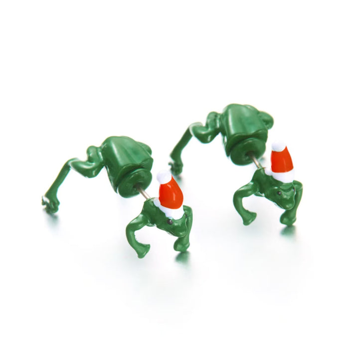 Wholesale Christmas innovative earrings retro punk funny animal personality interspersed with Christmas hat small frog earrings