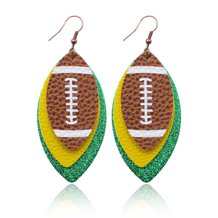 Wholesale Sporty Rugby Brown Leopard Leaves Three-layer Leather Diamond Rugby Earrings