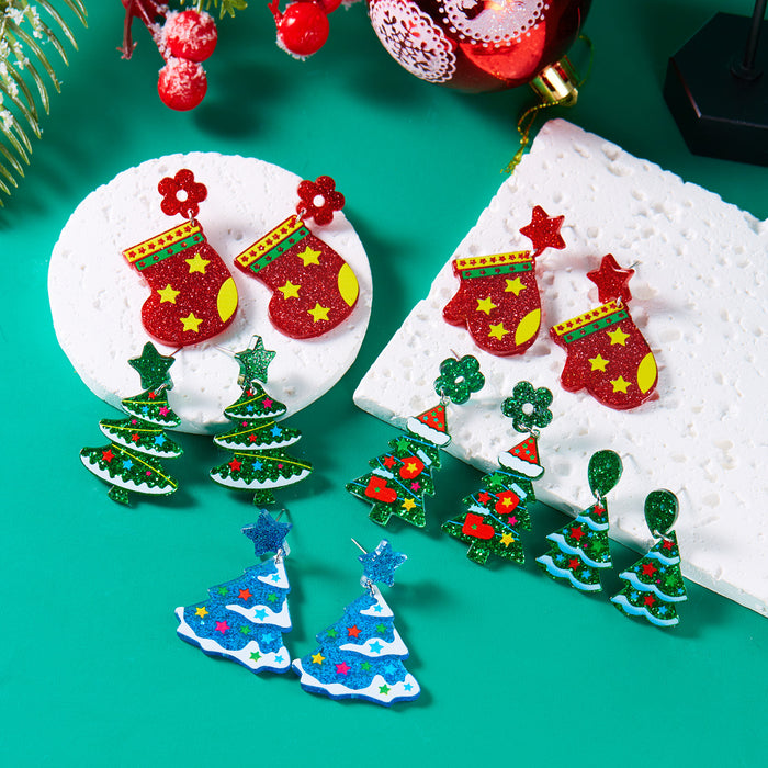 Wholesale Christmas cartoon glitter Christmas stockings Christmas gloves earrings versatile star print earrings