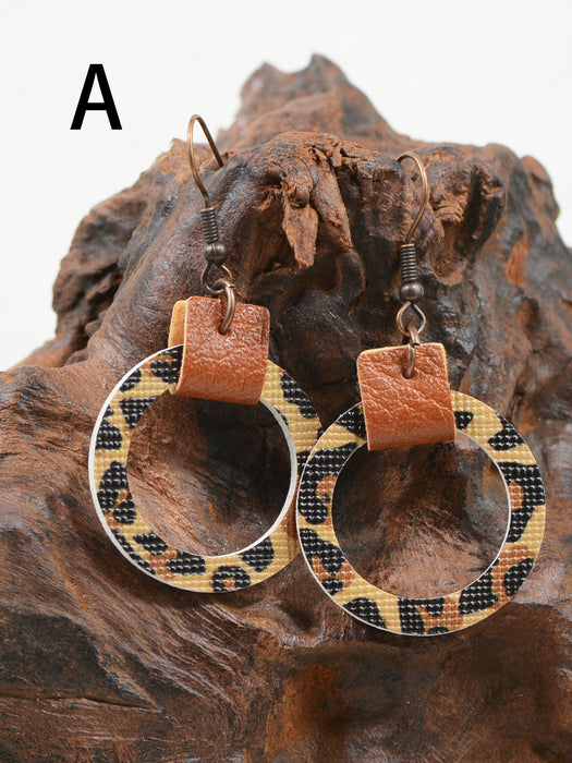 Wholesale Flower Leopard Print Western Style Hollow Round Leather Earrings JDC-ES-ChenC008