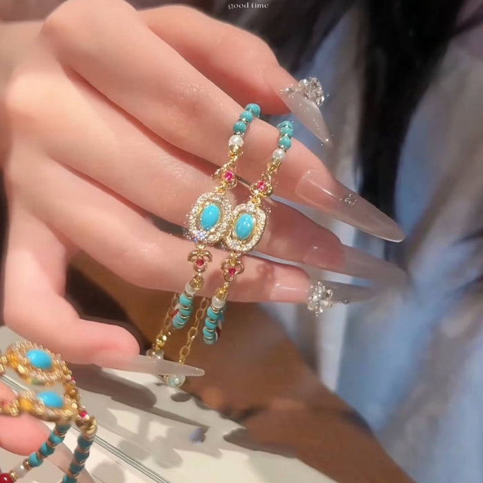 Wholesale Antique Imitation Turquoise Beaded Bracelet Stacked Metal Flower Bracelet Versatile Temperament Fashion Jewelry for Women