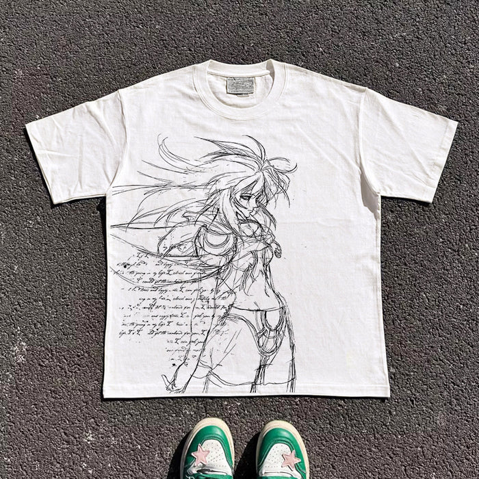 Wholesale Oversized Anime Line Art Print Short-Sleeve T-Shirt