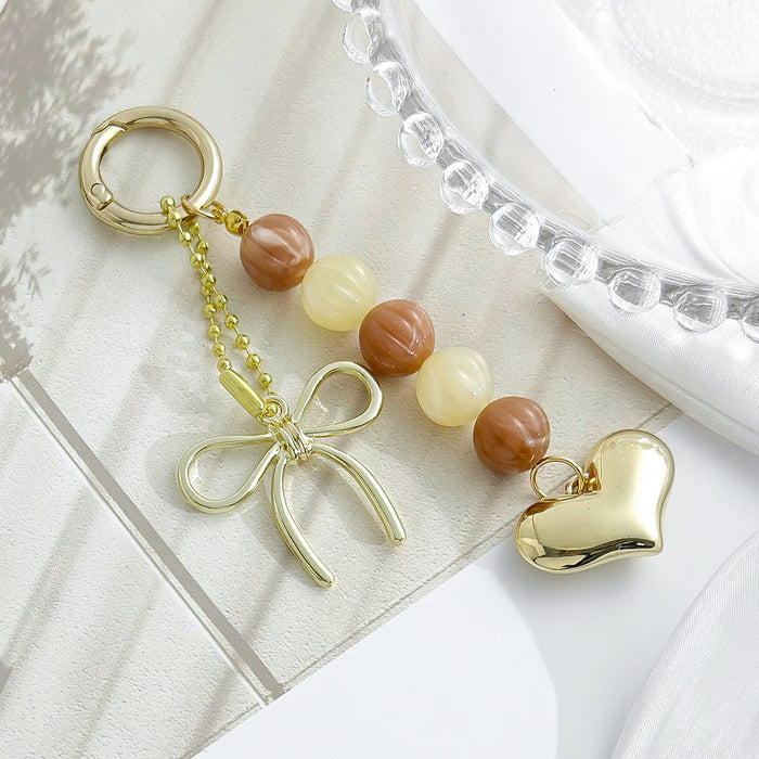 Wholesale Peach Heart Bow Keychain Beaded Metal Heart Keychain