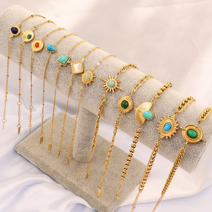 Wholesale Vintage stainless steel natural stone pendant bracelet,  simple and multi-element turquoise bracelet
