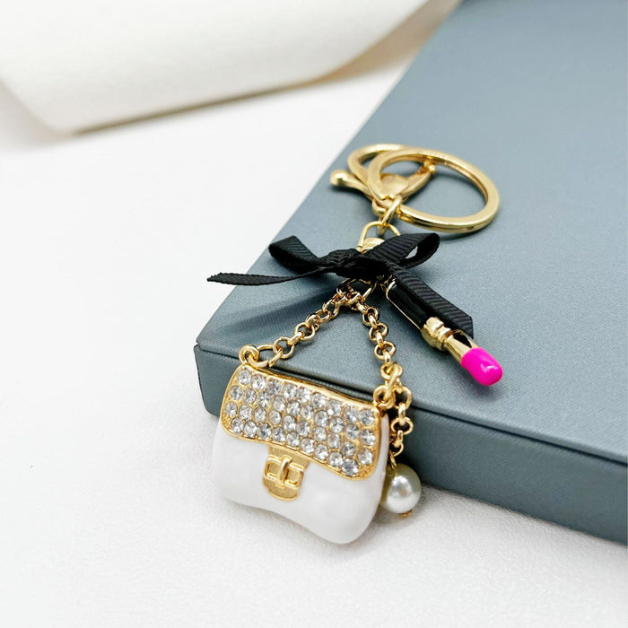 Wholesale Rhinestone Lipstick Bow Small Shoulder Bag Alloy Keychain JDC-KC-ZhanLun005