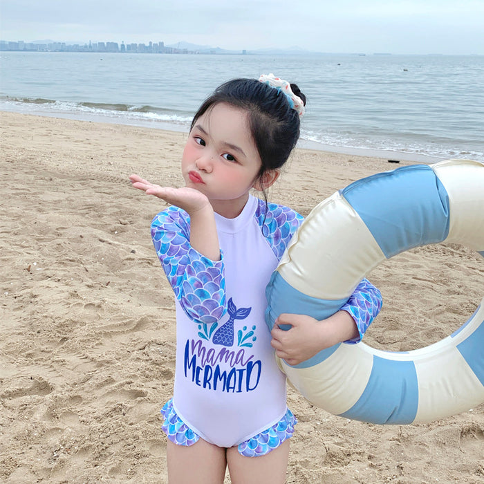 Wholesale New girls' swimsuit cute fish tail one-piece sunscreen long sleeved children's baby breathable quick drying swimsuit