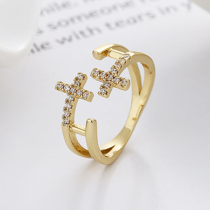 Wholesale Personalized double-layer cross ring with diamond inlay and versatile opening, light luxury