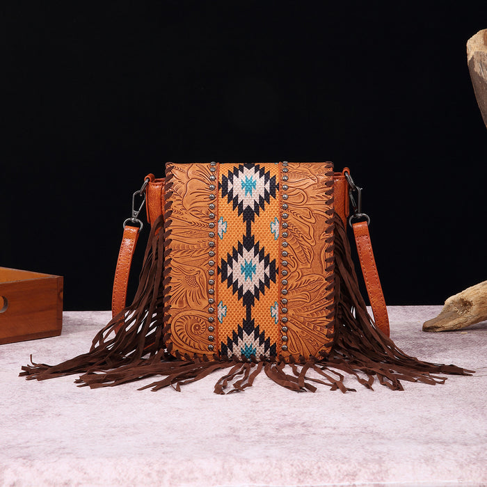 Wholesale Retro cotton and linen printed bohemian style leather carved shoulder crossbody women' s bag