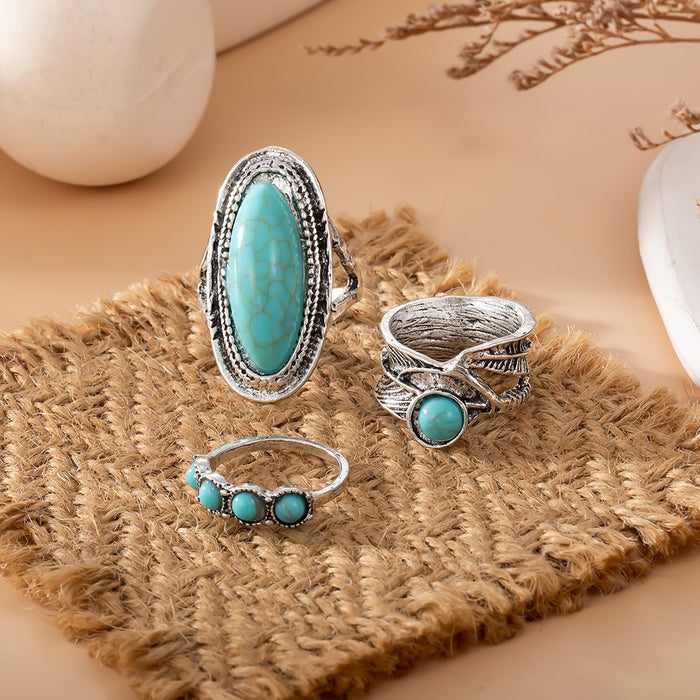 Wholesale Ethnic Style Retro Turquoise Carved Feather Ring Fashionable and Personalized 8-Piece Combination Ring Set
