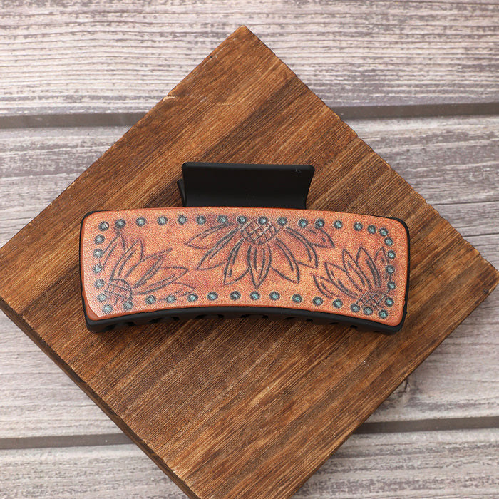 Wholesale Western Style Leather Hairpin Sunflower Pattern Clip Women Shark Clip
