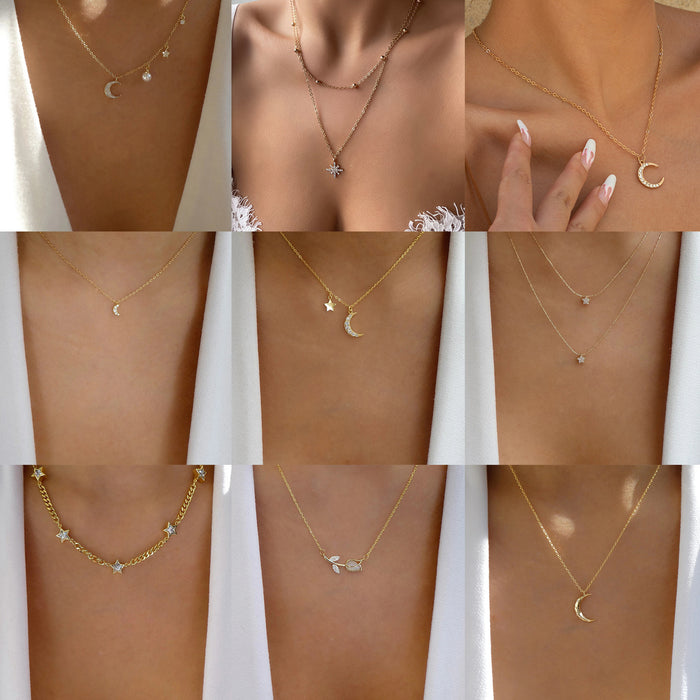 Wholesale Simple and versatile alloy jewelry with diamond studded pentagonal stars, moon, collarbone chain necklace, women's pendant