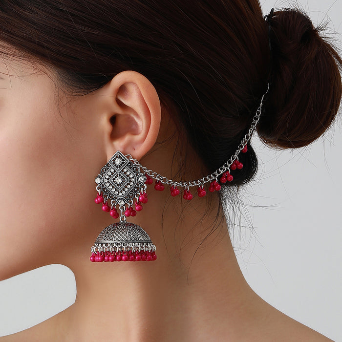 Wholesale vintage ethnic style rhinestone bell tassel earrings and hair chain set