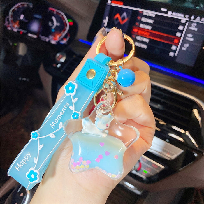 Wholesale Creative acrylic cute unicorn pony oil floating bottle keychain girl backpack liquid Car pendant