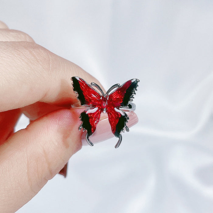 Wholesale Copper Red Enamel Drop Glaze Butterfly Open Ring For Women Stylish Geometric Design Jewelry Accessory Boutique Gift