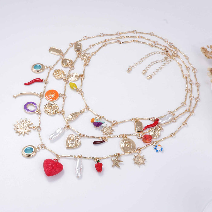 Wholesale drop oil red love alloy sunflower pendant multi-layered necklace