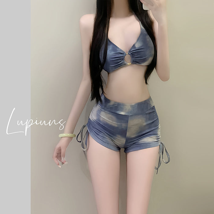 Wholesale Swimsuit vacation tie dye blue three-point sports split flat angle bikini top three piece set