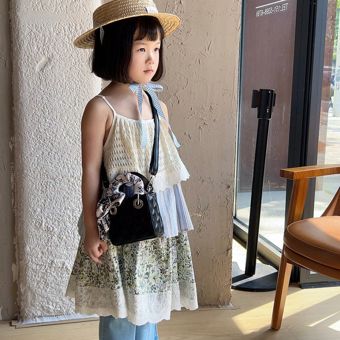 Wholesale New children's bag, silk scarf handbag, fashionable diamond grid crossbody bag