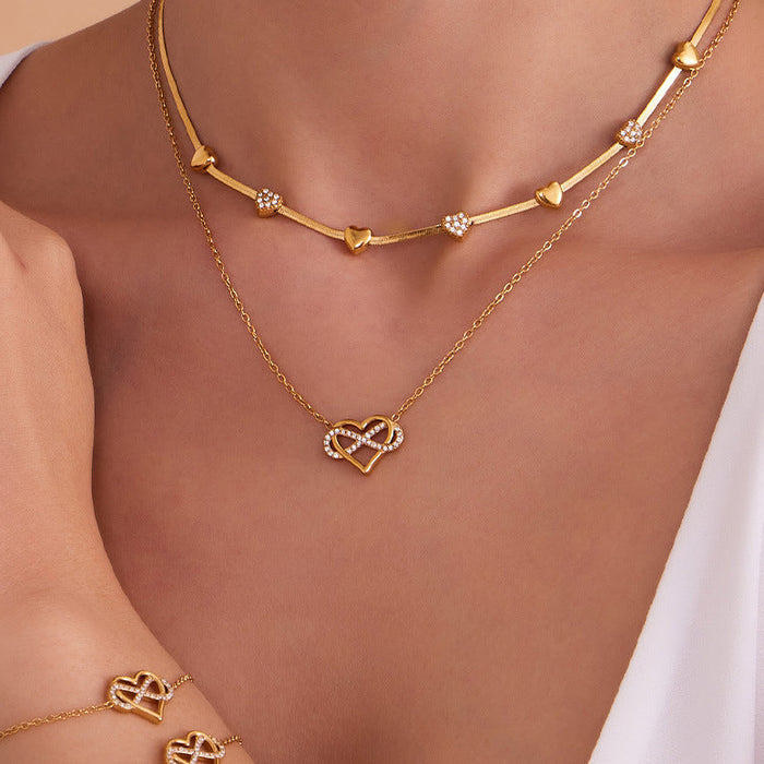 Wholesale Full-Pavé Heart Layering Titanium Steel Necklace &  Bracelet Set