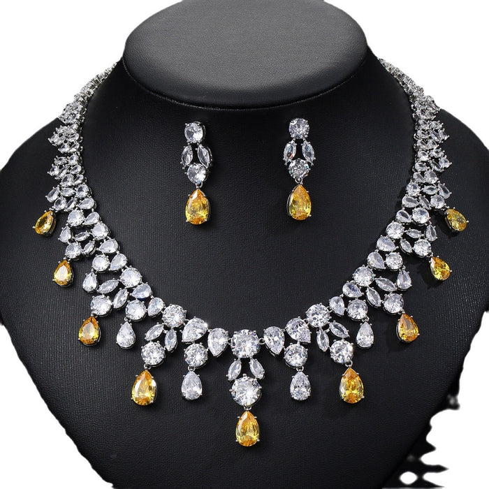 Wholesale Zircon Necklace Earrings Set Bride Wedding Dress Dinner Jewelry Water Drop Full of Diamonds