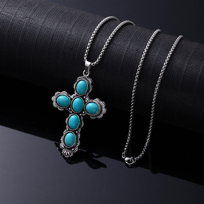 Wholesale Retro Western style natural turquoise necklace,  retro versatile titanium steel chain,  ethnic accessories