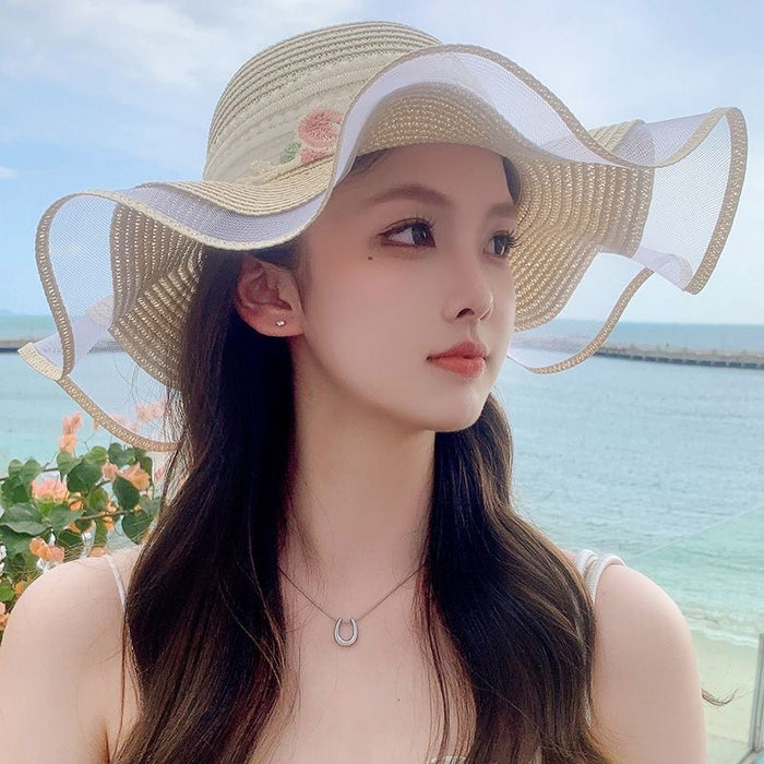 Wholesale Flower ribbon sun hat, sun hat, large brim straw hat