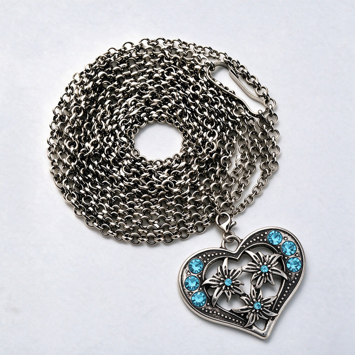 Wholesale Retro Edelweiss Long Pendant Necklace Red Heart Shaped Alloy Charm Bavarian Beer Festival Style Layered Fashion Jewelry Accessory
