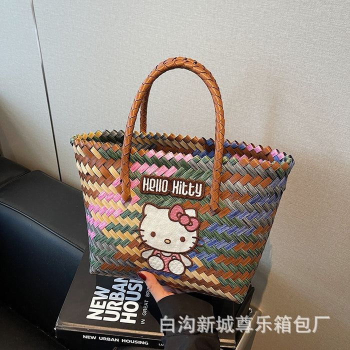 Wholesale Cat Handbag Woven Accompanying Gift Girl' s Large Capacity Vegetable Basket Handmade Woven Bag Women' s Fashion Beach Bag