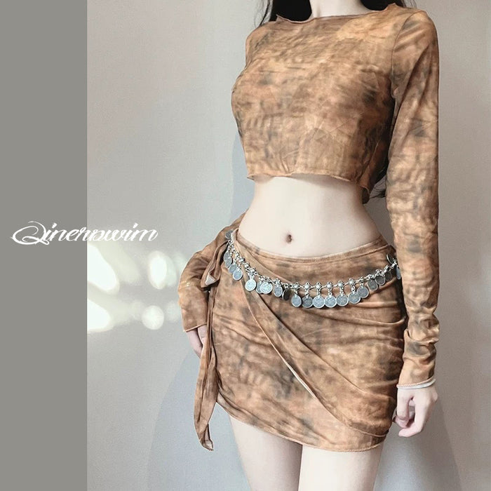 Wholesale Swimwear Women's Split Long-sleeved Sunscreen Split Skirt Bikini Four-piece Set Elegant Slim-fit Hot Spring Vacation Swimwear