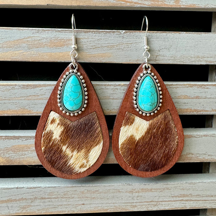 Wholesale Western genuine leather earrings classic horse hair leopard embossed cowhide water drop vintage earrings
