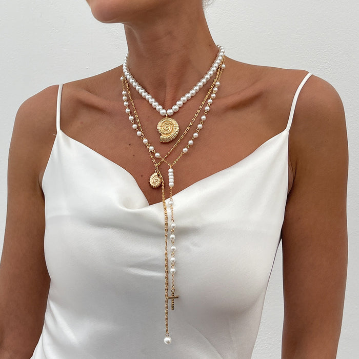 Wholesale Elegant Long Pearl Y-shaped Tassel Jewelry Simple Cross Pendant Stacked Necklace