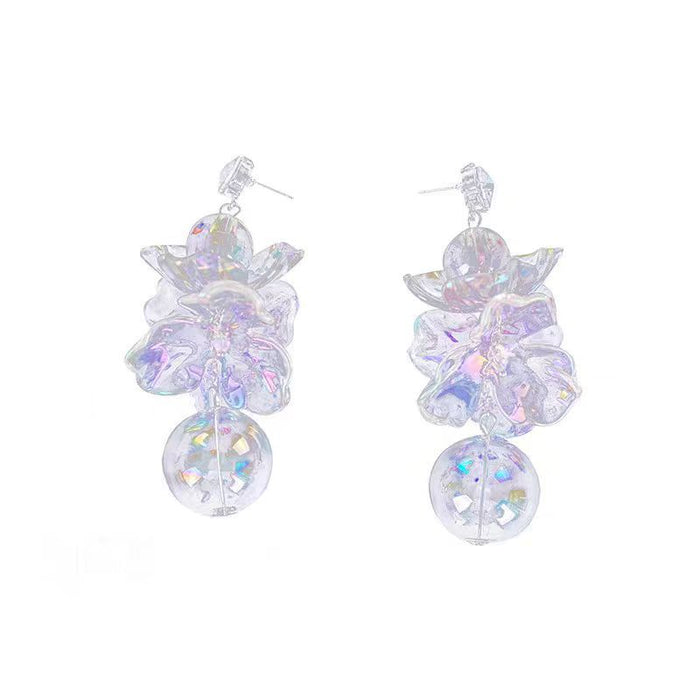 Wholesale Silver needle transparent flower earrings, niche and unique long design earrings