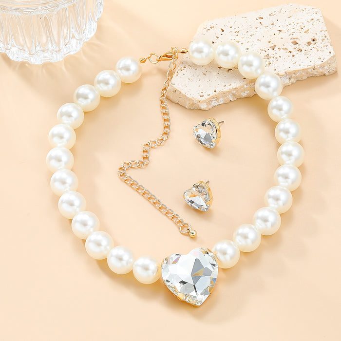 Wholesale Pearl Heart Shaped Glass Diamond Earrings Necklace Combination Set JDC-ES-JL207