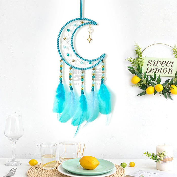 Wholesale Handmade Moon and Stars Dreamcatcher with Blue Feathers MOQ≥2