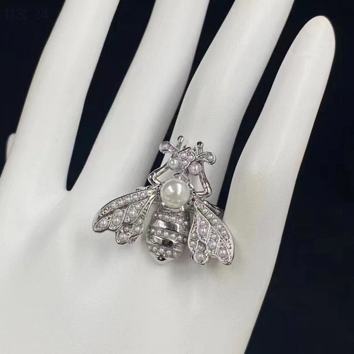 Wholesale Rhinestone pearl adjustable open ring brass material fashionable and versatile ring