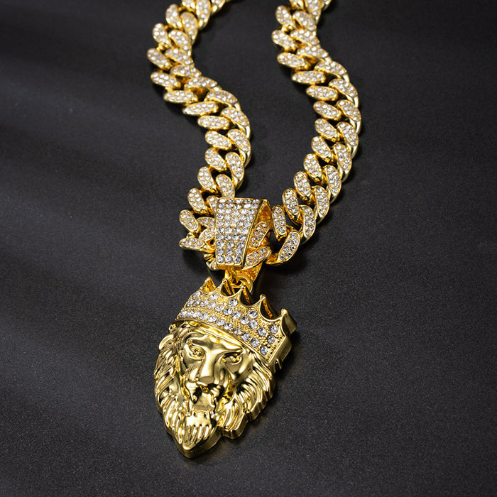 Wholesale long necklace Cuban chain Crown lion head pendant men's accessories