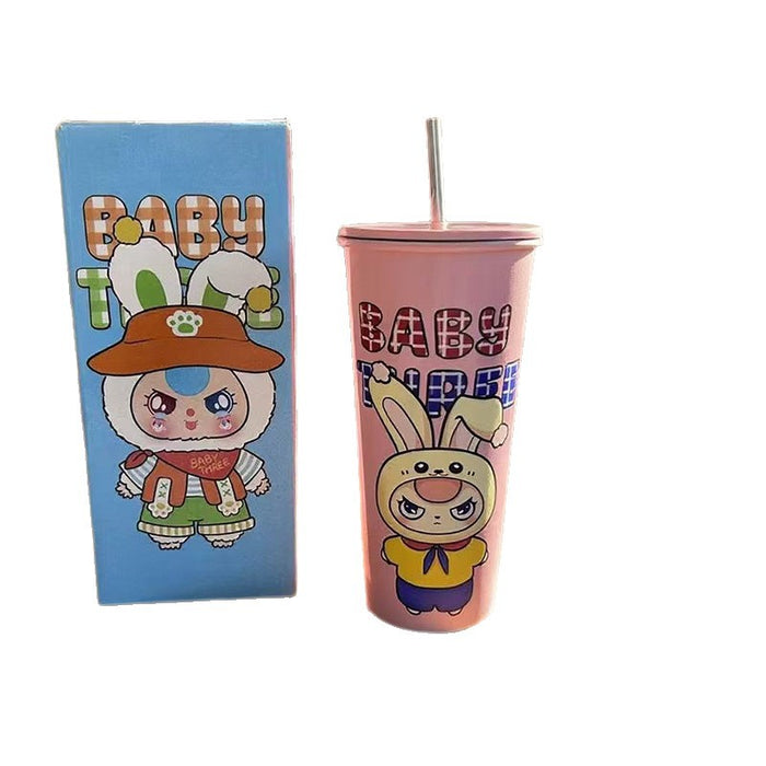 Wholesale Random Cartoon thermos cup stainless steel coffee cup high value large capacity cold cup portable straw water cup