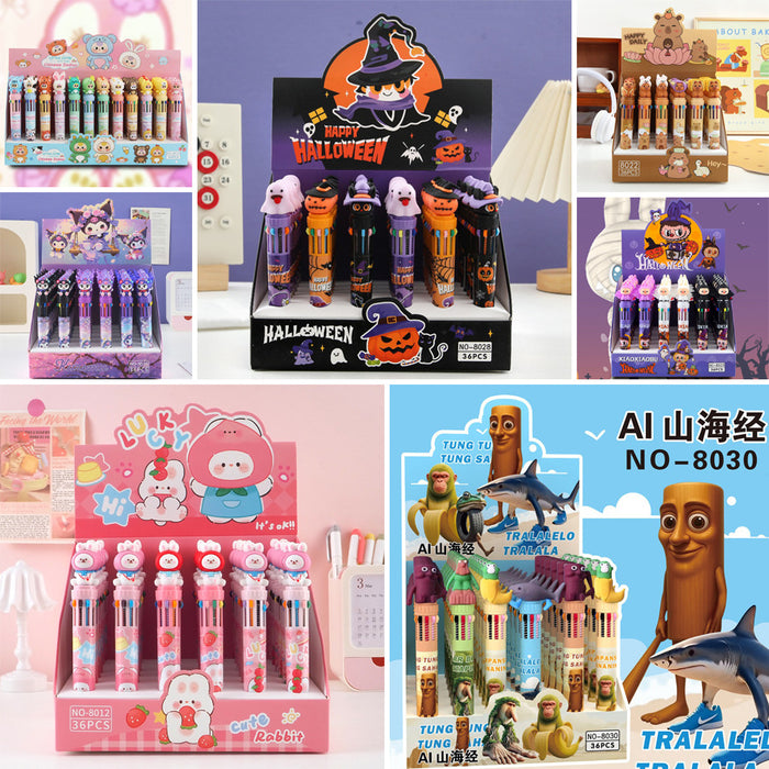 Wholesale 36pcs Halloween Soft Rubber Grip 10-Color Ballpoint Pen Set Cartoon Design
