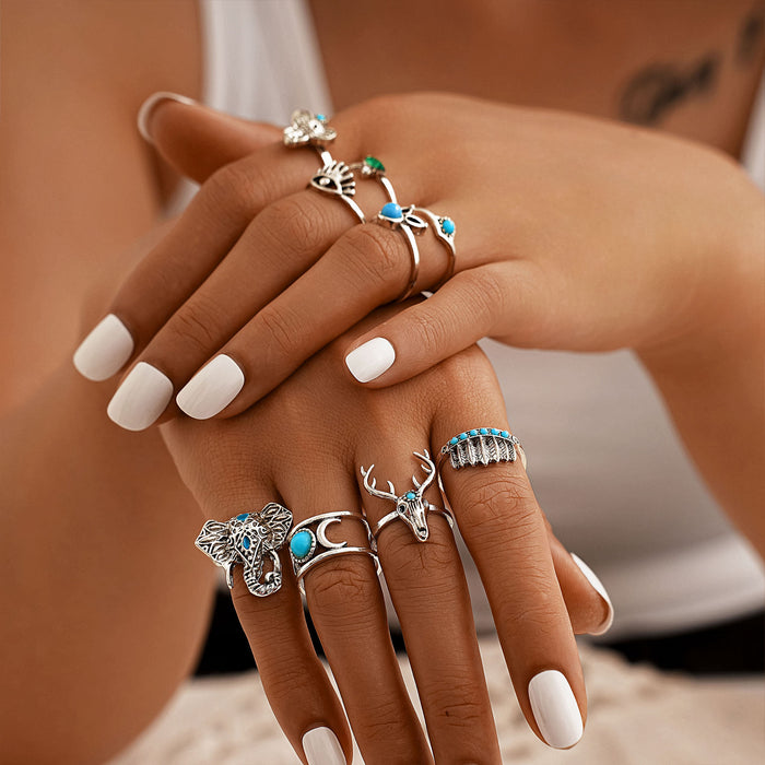 Wholesale 2pcs Retro Personalized Turquoise 9-Piece Set Ring