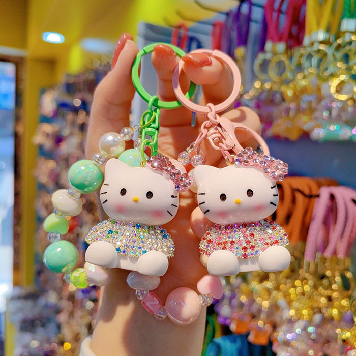 Wholesale Czech Rhinestone Cartoon Cat Keychain Cute Ladies Beaded Bag Charm Phone Pendant Car Key Accessory