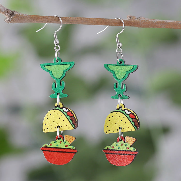 Wholesale Mexican Five-Five-Section Color Tortilla Straw Hat Pinata Color Pot Triple Double Wooden Double-Sided Earrings Jewelry