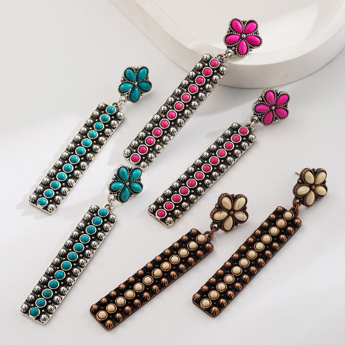 Wholesale Inlaid Turquoise Long Pendant Earrings Retro Western Ethnic Style Niche High-end Elegant Earrings