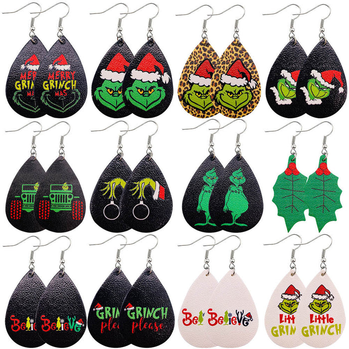 Wholesale  Christmas Green Frog Leather Earrings  Double-Sided Printed Earrings Holiday Accessories