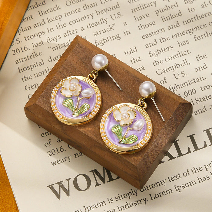 Wholesale Colored oil dripping flower earrings with a light luxury and high-end feel, fresh and fashionable temperament earrings