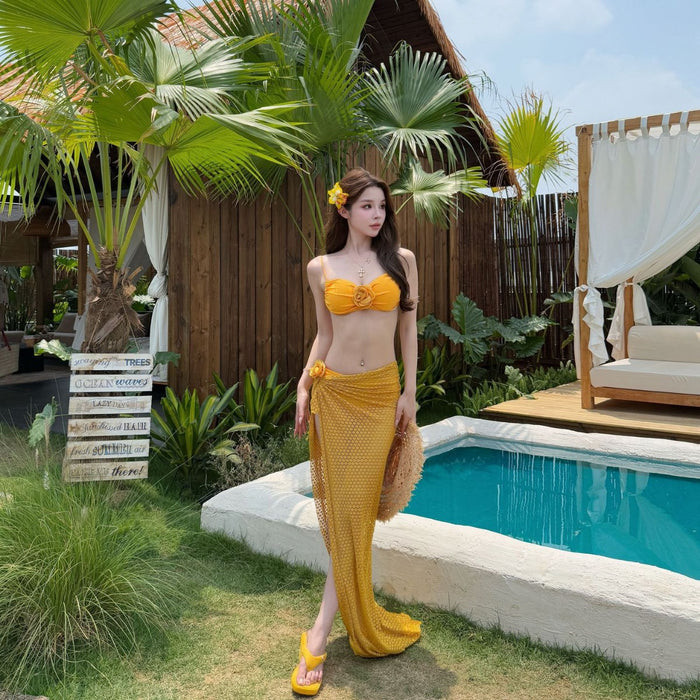 Wholesale New Thai swimsuit camellia yellow split long skirt beach island vacation sexy bikini three piece set
