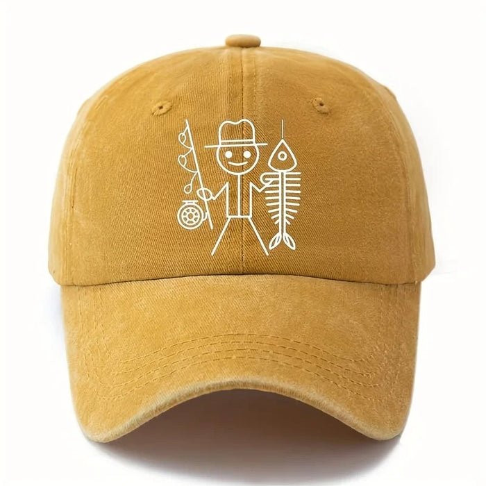 Wholesale Fun Fishing Stick Figure Fishbone Print Washed Baseball Cap Summer Sun Hat