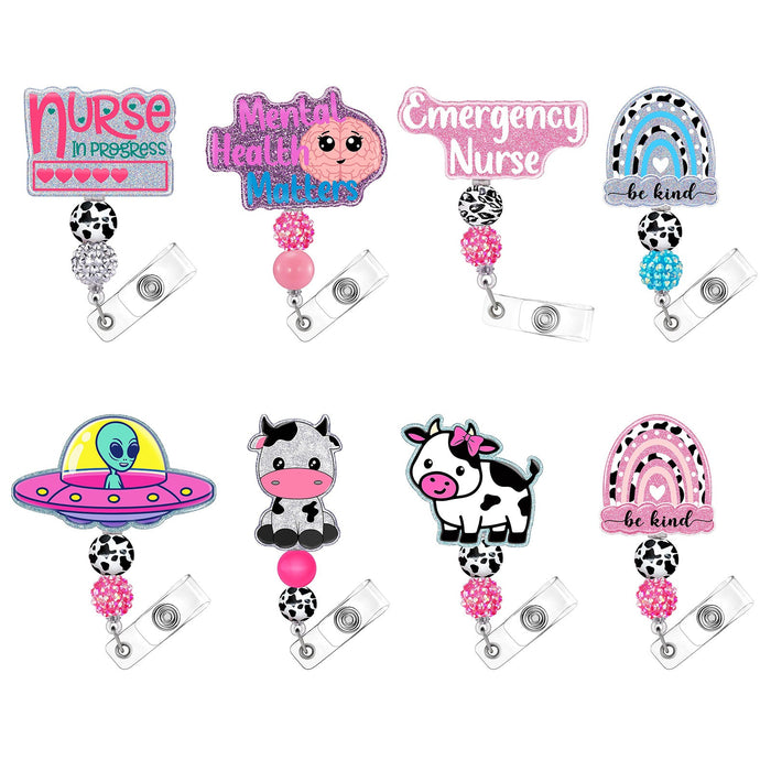 Wholesale Rainbow Cow Acrylic Beaded Ball Badge Scroll Retractable Keychain JDC-KC-QiDing014